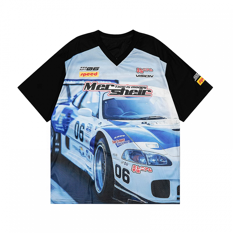 Blue Black and T-shirt Colorblock V-neck Racing Print Loose Design