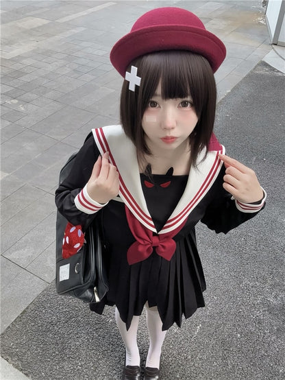 Robe d'uniforme JK à jupe plissée et col marin noir Little Devil