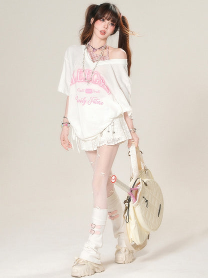 Two-pieces Halter Neck White/Black Faux Kawaii Daily T-shirt