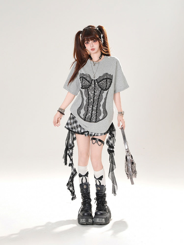 Gray Round Neck Lace Corset Design Loose T-Shirt