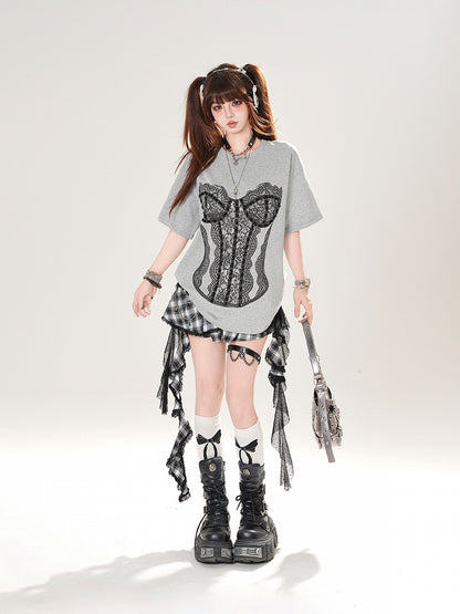 Gray Round Neck Lace Corset Design Loose T-Shirt