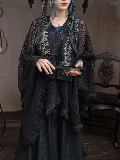 Tassel Embroidery Hem Black Cheongsam Cape Cardigan Style Detachable Seahorse with and Collar Hollow-out Coral