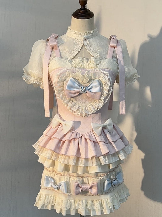 Skirt Lolita + Accents Puff Pink Full Sleeves and Set Cami Sweet - Top Cropped Bow Blue