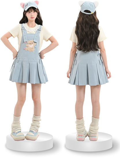 Adjustable Plush Bear Applique Blue Box Pleat Overall Dress Straps Shoulder