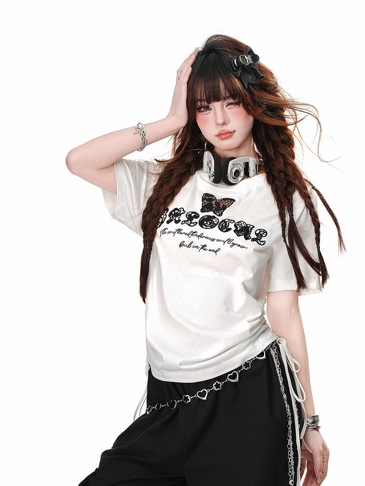Black/White Butterfly-Shaped Cutout Details Drawstring Waist Glamorous  T-Shirt