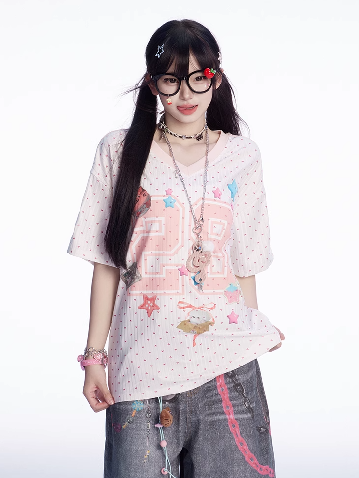 Dot White V-neck Number and Star Print Polka T-shirt