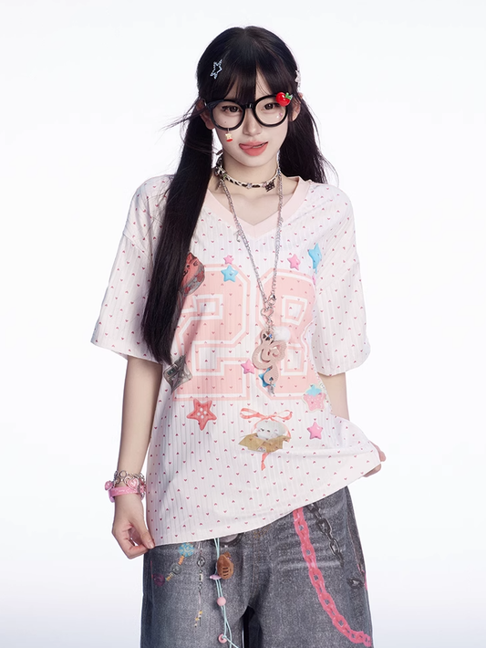 Dot White V-neck Number and Star Print Polka T-shirt