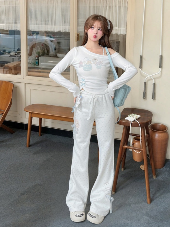White Blue Flared Pants Version Regular/Long Polka-Dot Lace Bow Adorable Kitten Print