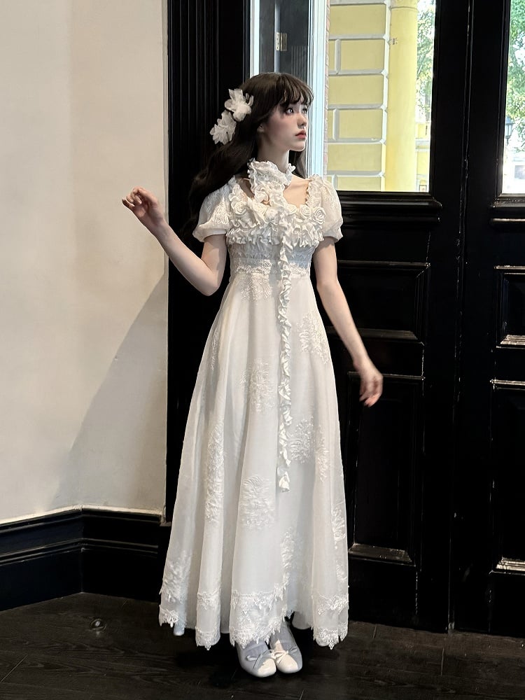 Quadratische verzierte Taille Rosen Elegant Empire Stück Ausschnitt weißes Kleid One Lolita