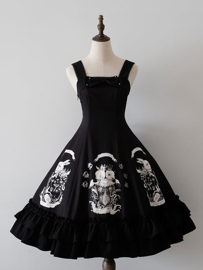 Dark Waist Dress Gothic Bunny Fit Slim Lolita Black Print