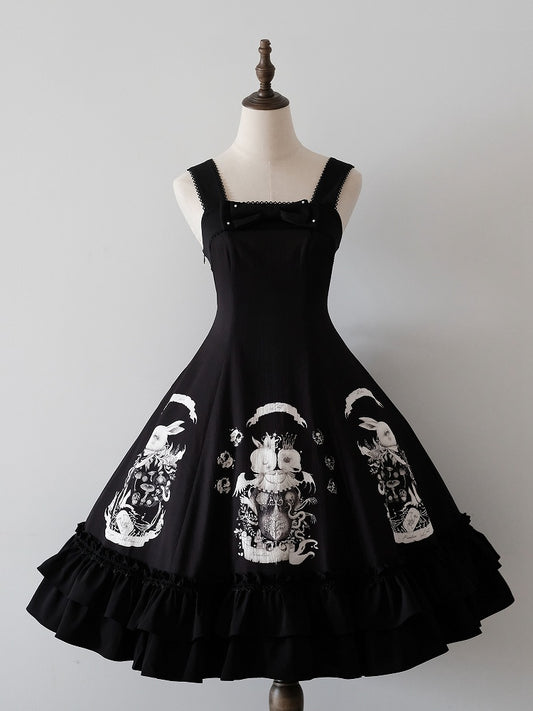 Dark Waist Dress Gothic Bunny Fit Slim Lolita Black Print