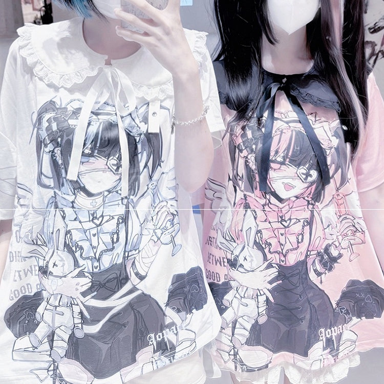 Dark with Cute Pan Anime Kawaii Detachable Yami Collar Print / Peter T-shirt: Cotton White Pink