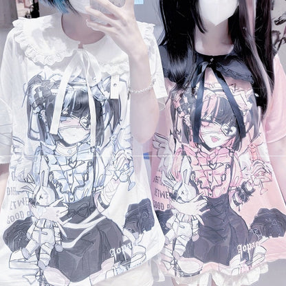 Dark with Cute Pan Anime Kawaii Detachable Yami Collar Print / Peter T-shirt: Cotton White Pink