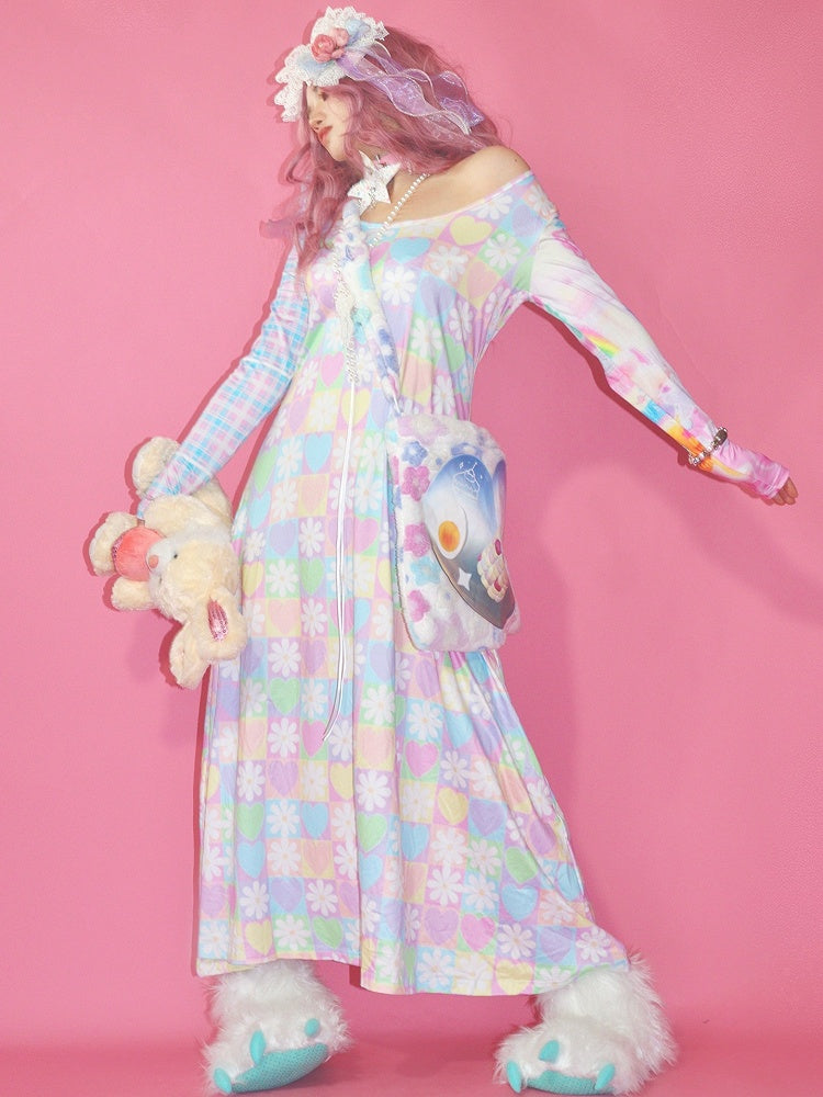 Colorful Bear Y2K Print Floral Heart Pattern And Dress Checked