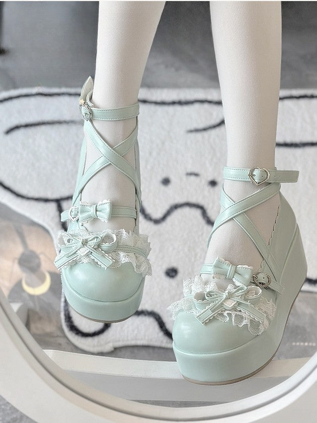 Green Feminine Round-Toe Romantic Lace Platforms with Buckles Accents Grass Heart Lolita