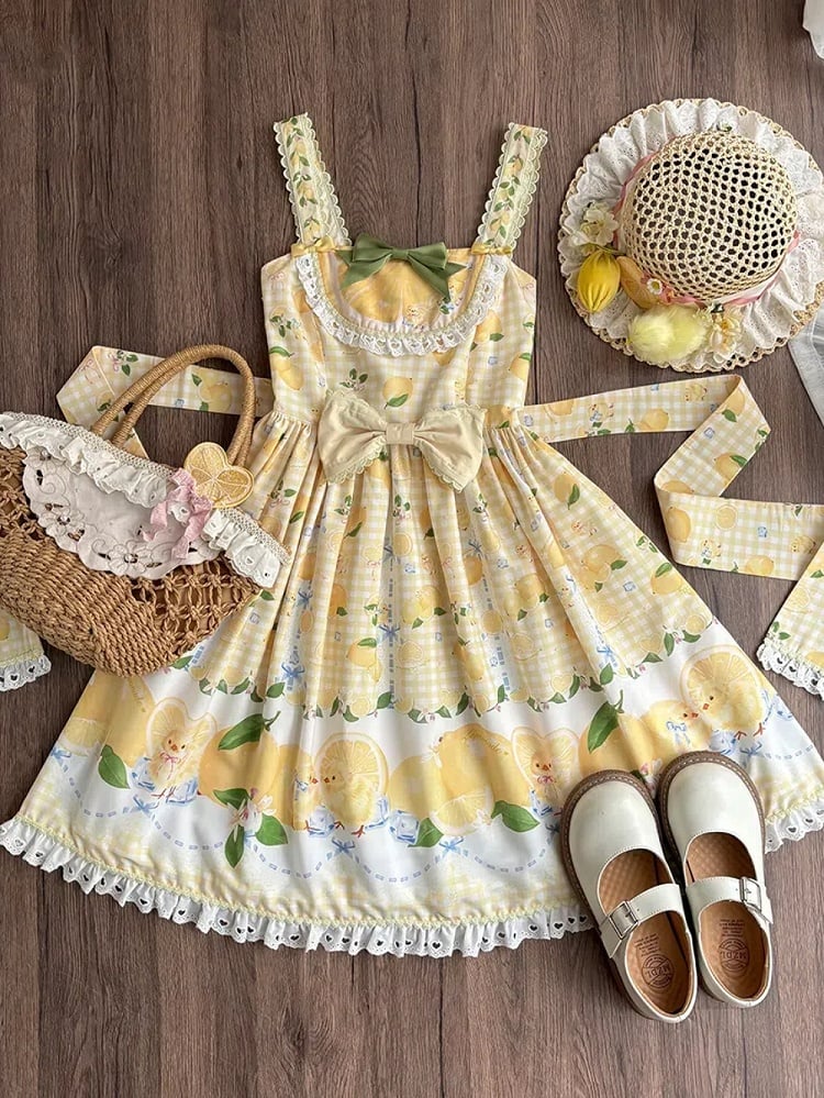 Chick Yellow Print Lemon Dress and Sweet Lolita High Waist Gingham