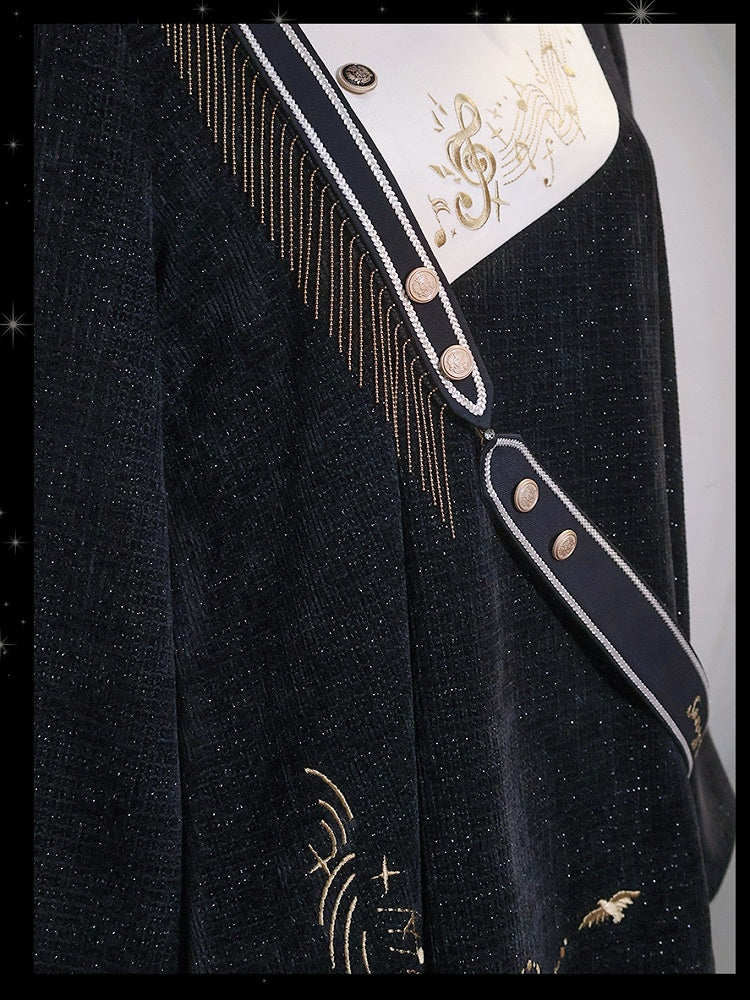 Black Ouji Glittering Waffle Top with Music Notes and Fringe Sash