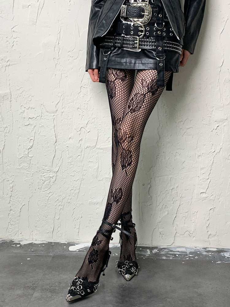 Punk Black Red Y2K Rose Pattern Hollow-out Tights