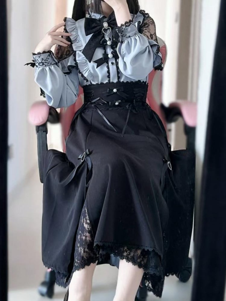 Trim Design Kei Skirt Jirai Black Lace-up Details Lace Slit Side