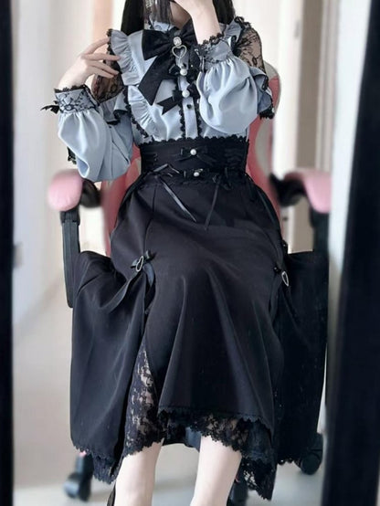 Trim Design Kei Skirt Jirai Black Lace-up Details Lace Slit Side