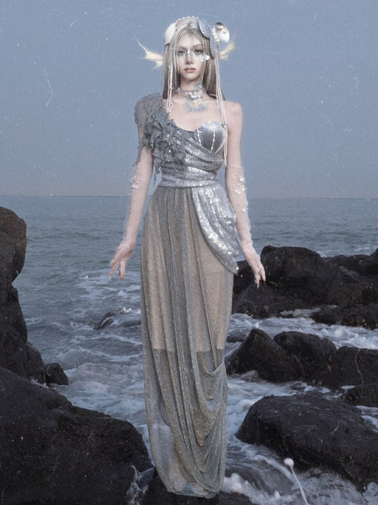 Shimmer Siren Asymmetrical Neckline Goth Cascading Ruffles Dress Fairy