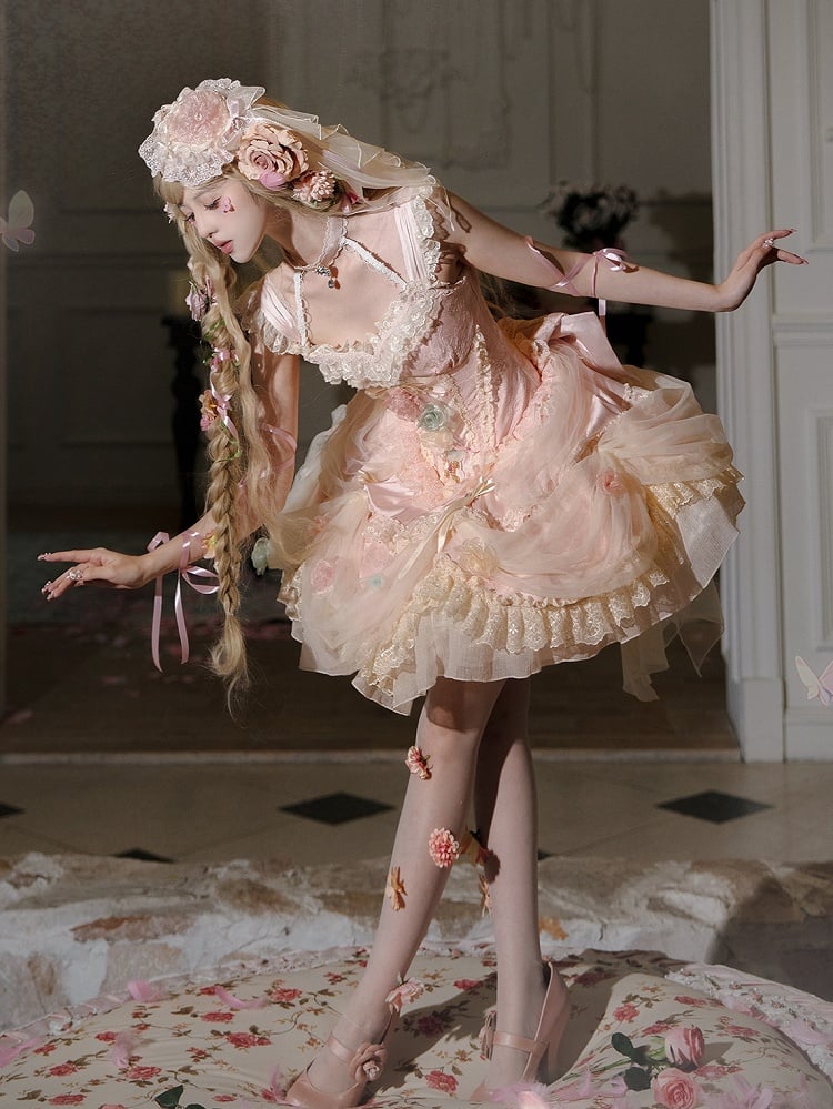 Robe princesse Lolita Hanayome à taille corset et baleines, motif floral rose