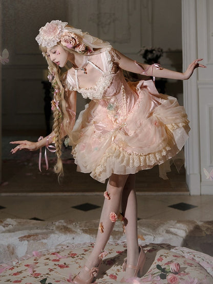 Robe princesse Lolita Hanayome à taille corset et baleines, motif floral rose