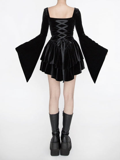 Gothic Black Velvet Bell Sleeves  Tiered Skirt Witch Dress