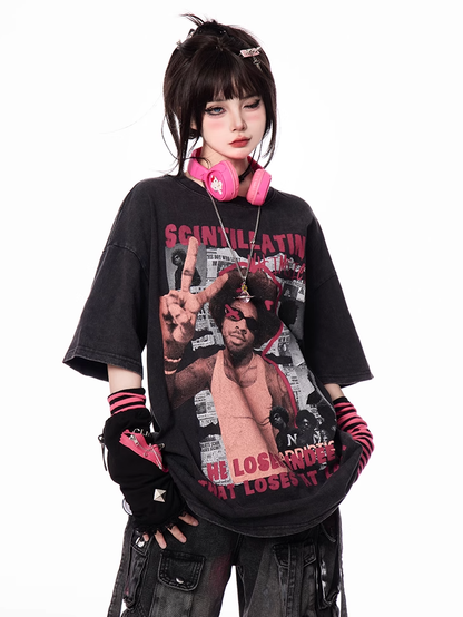 Black Round Neck Vintage Print Loose T-Shirt