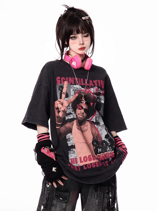 Black Round Neck Vintage Print Loose T-Shirt