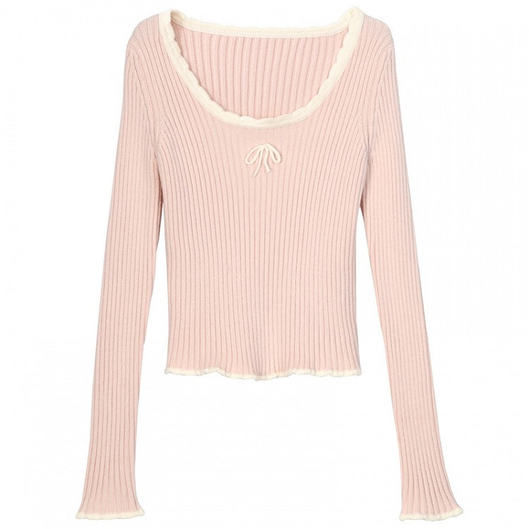 Haut en maille slim à col rond et détails nœud rose