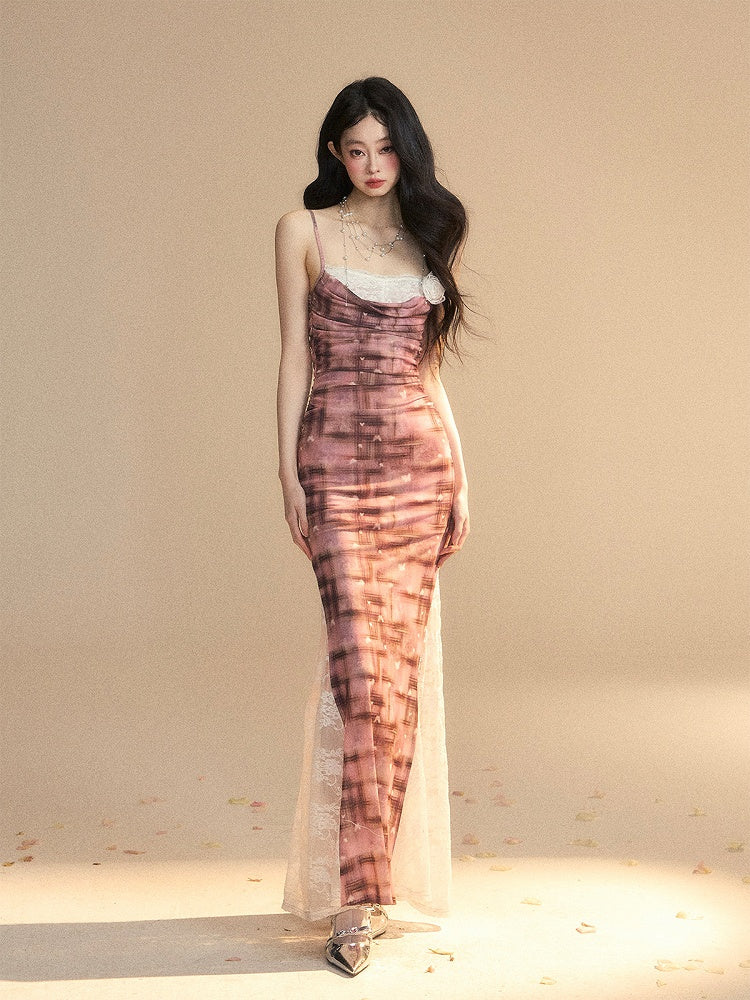 Slip Dress Lace Patches Slim-fitting Slit Brick Red Side
