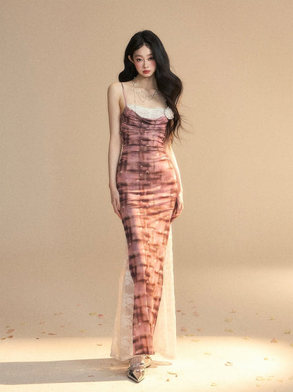 Slip Dress Lace Patches Slim-fitting Slit Brick Red Side