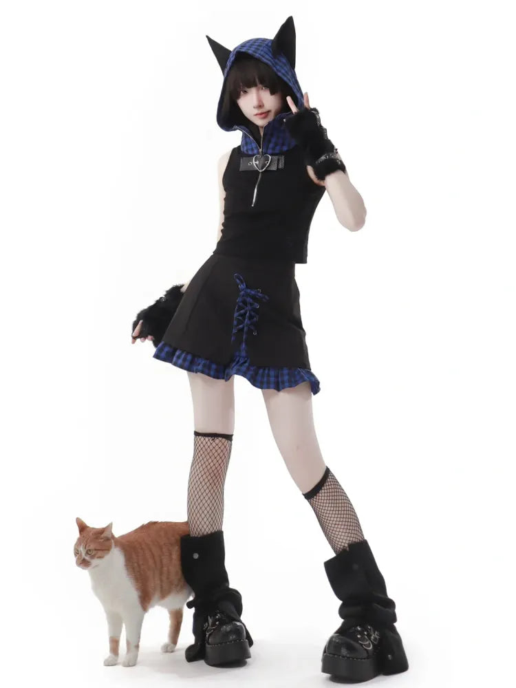 Dark Black Skirt Blue Plaid and Hemline