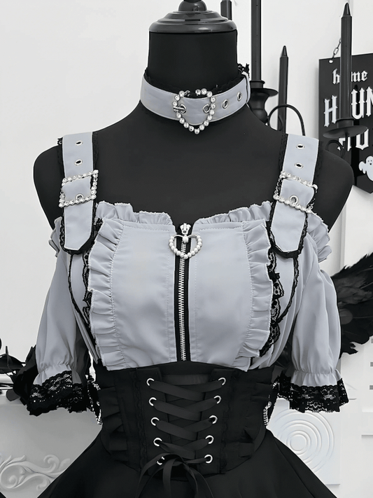 Choker Gray Free Sleeves with Jirai Kei Off-the-Shoulder Neckline Landmine Short Top Style