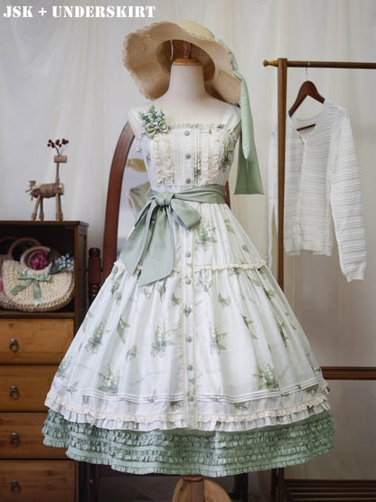 Robe d'été fleurie vert clair à imprimé muguet, jupe pull Kei Lolita naturelle