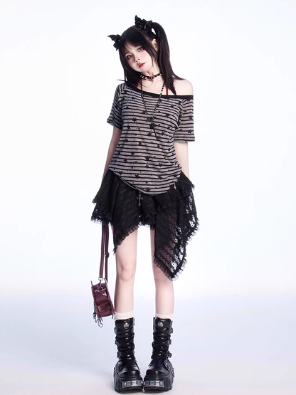 Print Gestreiftes T-Shirt Grau Asymmetrischer Ausschnitt Allover Star