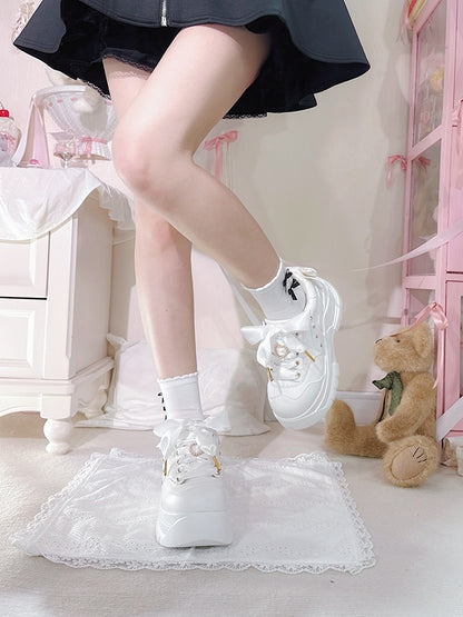 Beaded Platforms White PU Lace-Up Sparkling Jirai Rhinestone Heart Kei Detachable Leather - Bow Decor