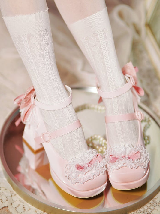 Pink High Trim Lace Heels Heart Top Bow at Block Buckles Knotted
