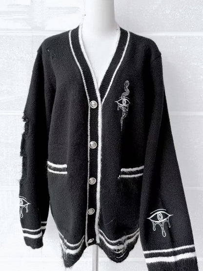 Eye  and Snake Embroidery Knit Cardigan Guro Distressed Holes Kawaii Black with