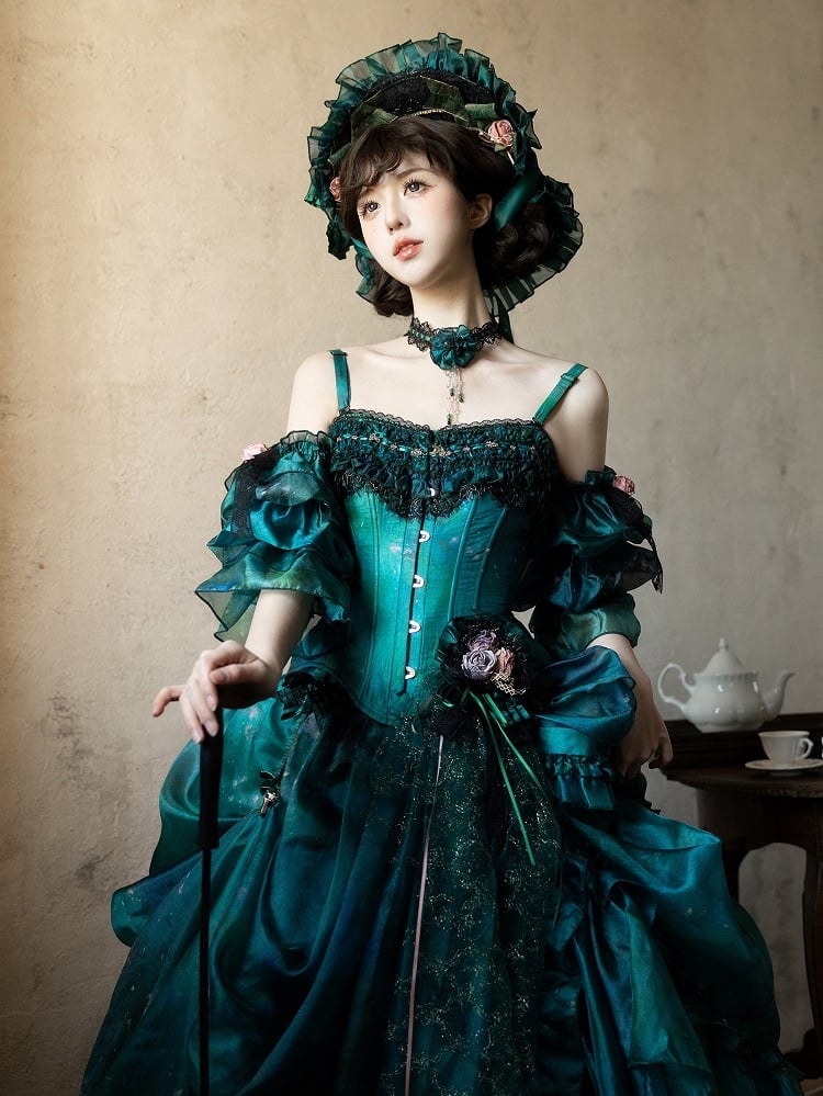 Chapeau Lolita à nœuds verts et fleurs