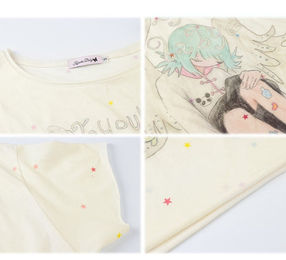 Cartoon Rundhals T-Shirt Engel Print Aprikose