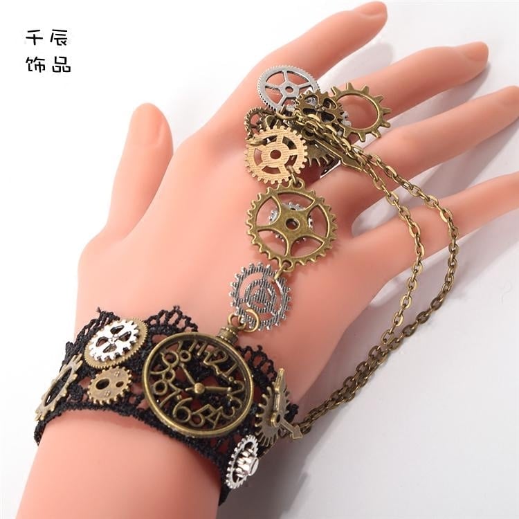 Steampunk Vintage Clock Gear Finger Ring Bracelet