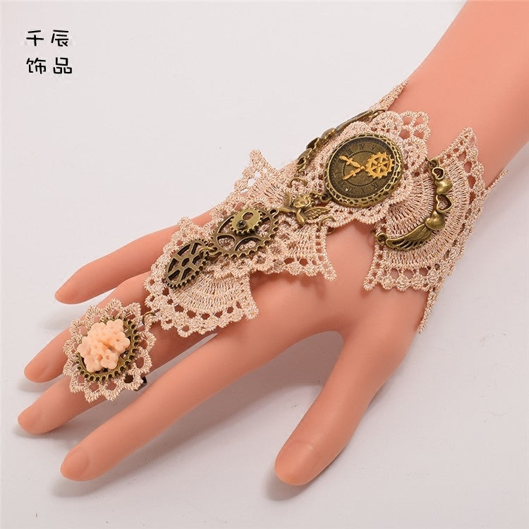 Steampunk Gothic Lace Gear Clock Finger Ring Lace Bracelet