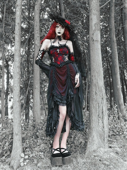 Black and Wine Red Vampire Gothic DressDrawstring Lace Dress and Wristcuffs Set