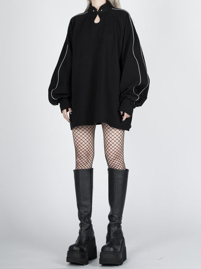 Tassel Black Reflective Sweatshirt with Qipao-Style Cyberpunk Belt