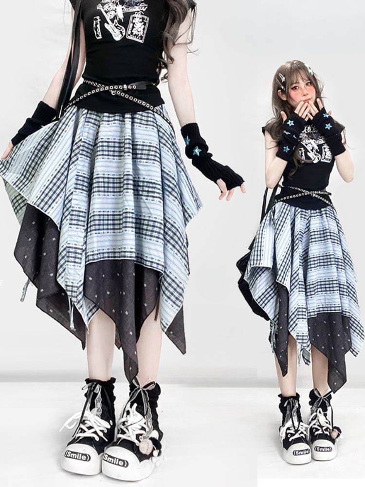 Vintage Dusty Blue Plaid Pattern Handkerchief Hem Glamorous Skirt
