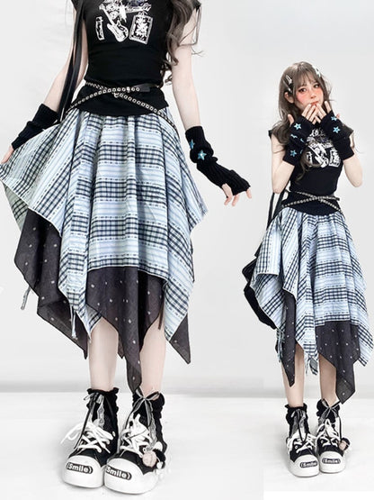 Vintage Dusty Blue Plaid Pattern Handkerchief Hem Glamorous Skirt