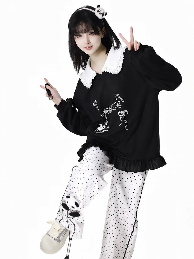White Polka-Dot Pattern Cotton Straight-Leg Pants with Panda Plushie