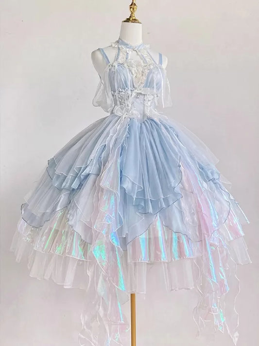 Layered Princess Trim Dress Skirt Corset Light Waist Cascading Blue Fairy JSK Lolita Ruffle